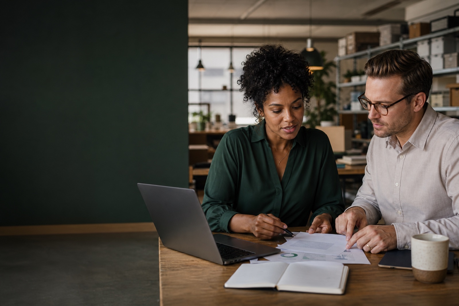 Business owner and advisor reviewing financial documents at a laptop